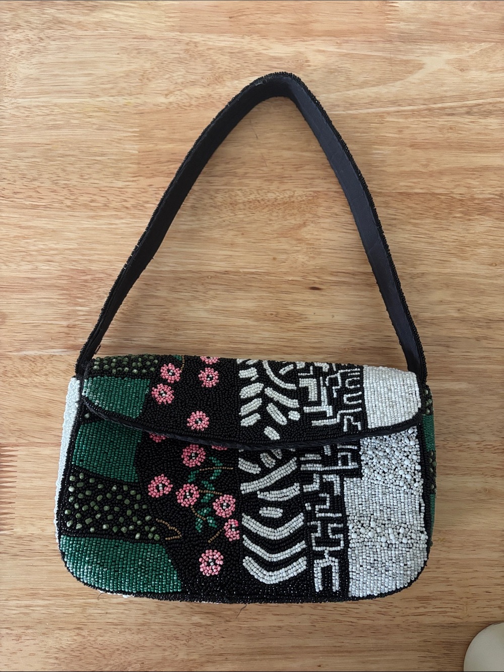 Hand-Beaded Floral Patchwork Shoulder Bag — Black & Green